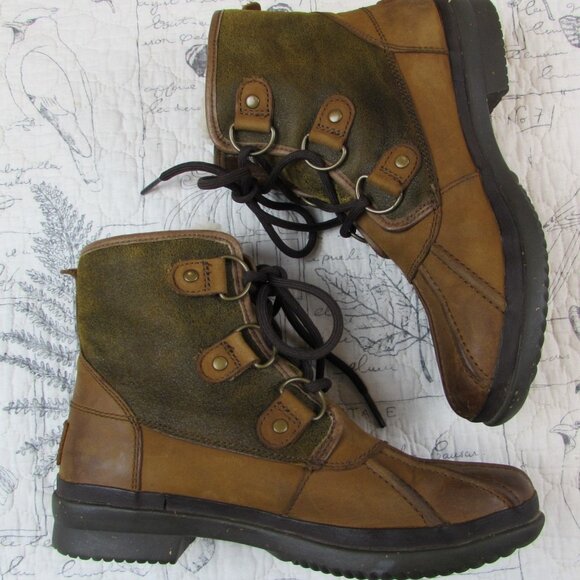 UGG Cecile Brown Waterproof Leather Ankle Duck Boots 1007999 Fur Felt Lined 5.5 - Picture 2 of 8